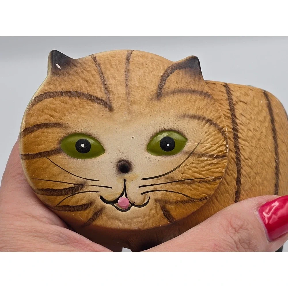 Cute Cat Planter Ceramic Brown Tabby Whiskers Green Eyes Tail Pot Home Decor‎